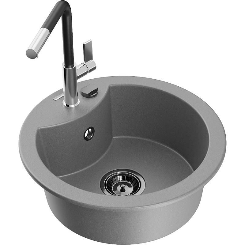 Mexen Diego 1-bowl granite sink with Flora kitchen faucet, gray - 6512-71-670401-07-B