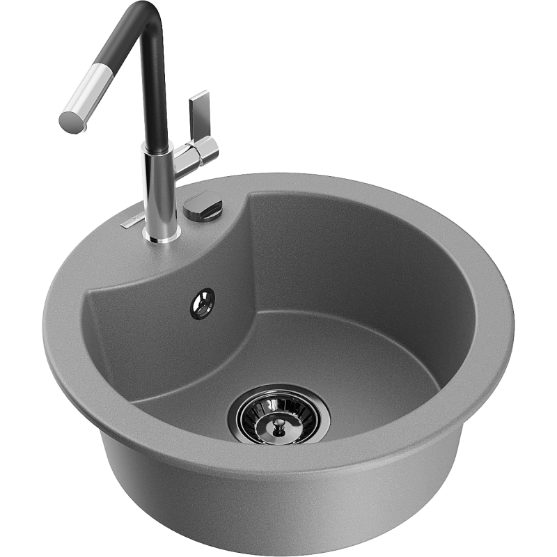 Mexen Diego 1-compartment granite sink with a kitchen mixer tap Flora, Grey - 6512-71-670401-07-B