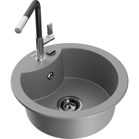 Mexen Diego 1-Bowl Granite Kitchen Sink with Flora Kitchen Tap, Grey - 6512-71-670401-07-B