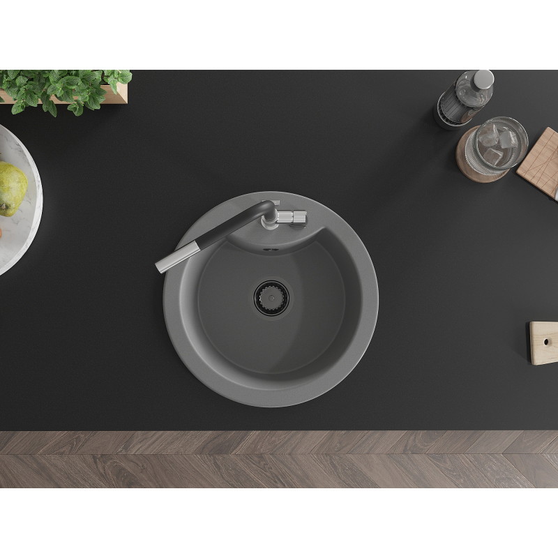 Mexen Diego 1-bowl granite sink with Flora kitchen faucet, gray - 6512-71-670401-07-B