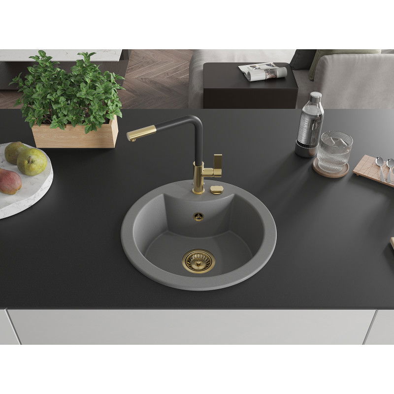 Mexen Diego 1-bowl granite sink with Flora kitchen tap, grey - 6512-71-670401-57-G