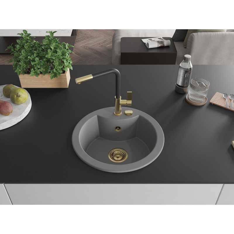 Mexen Diego single-bowl granite sink with Flora kitchen faucet, gray - 6512-71-670401-57-G