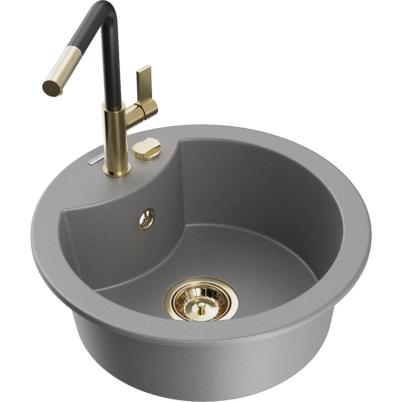 Mexen Diego granite sink 1-bowl with Flora kitchen faucet, gray - 6512-71-670401-57-G