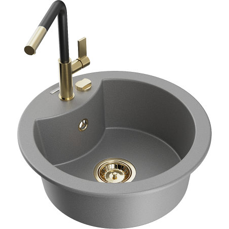 Mexen Diego single-bowl granite sink with Flora kitchen faucet, gray - 6512-71-670401-57-G
