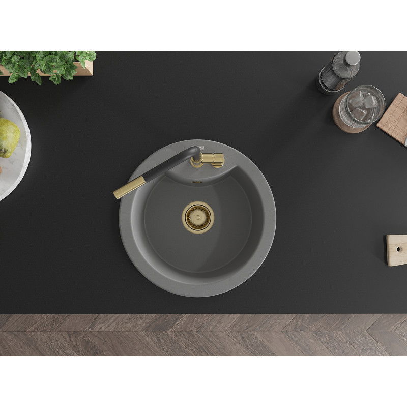 Mexen Diego 1-bowl granite sink with Flora kitchen tap, grey - 6512-71-670401-57-G