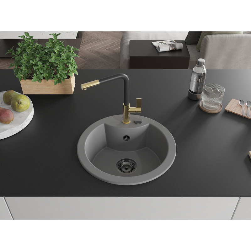 Mexen Diego 1-bowl granite sink with Flora kitchen faucet, gray - 6512-71-670401-57-B