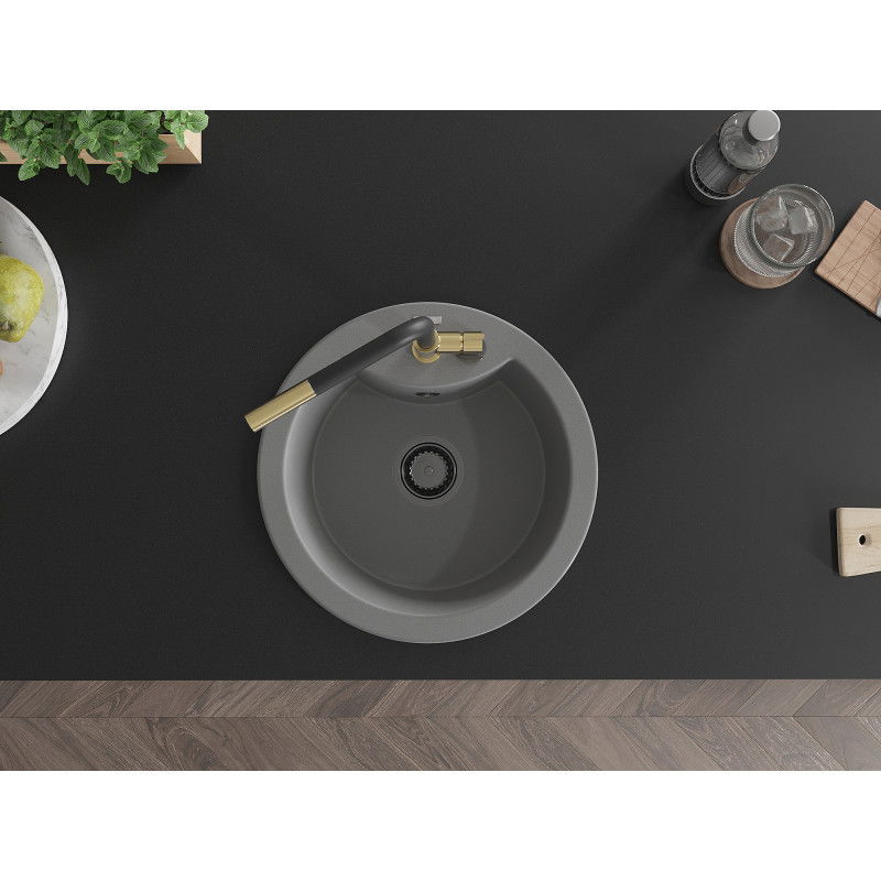 Mexen Diego 1-bowl granite sink with Flora kitchen tap, grey - 6512-71-670401-57-B