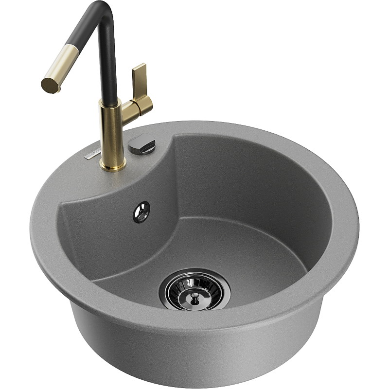 Mexen Diego 1-bowl granite sink with Flora kitchen faucet, gray - 6512-71-670401-57-B