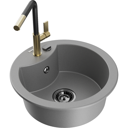 Mexen Diego 1-bowl granite sink with Flora kitchen faucet, gray - 6512-71-670401-57-B