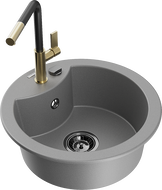 Mexen Diego granite kitchen sink 1-bowl with Flora kitchen faucet, gray - 6512-71-670401-57-B