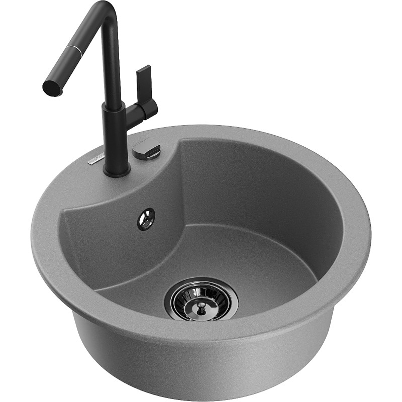 Mexen Diego 1-bowl granite sink with Flora kitchen faucet, gray - 6512-71-670401-70-B
