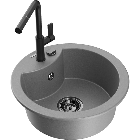 Mexen Diego granite sink 1-bowl with Flora kitchen faucet, gray - 6512-71-670401-70-B