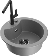 Mexen Diego granite sink 1-bowl with Flora kitchen faucet, gray - 6512-71-670401-70-B