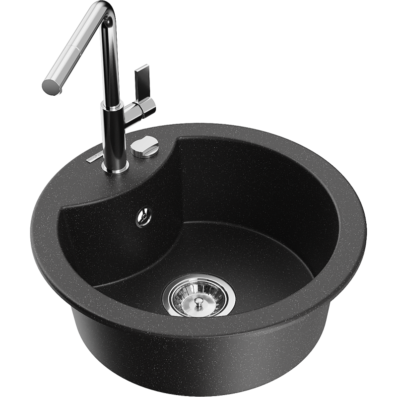 Mexen Diego 1-bowl granite sink with Flora kitchen tap, black/silver metallic - 6512-73-670401-00