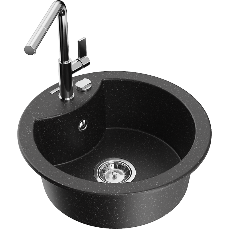Mexen Diego 1-compartment granite sink with a kitchen mixer tap Flora, Black/Silver metallic - 6512-73-670401-00