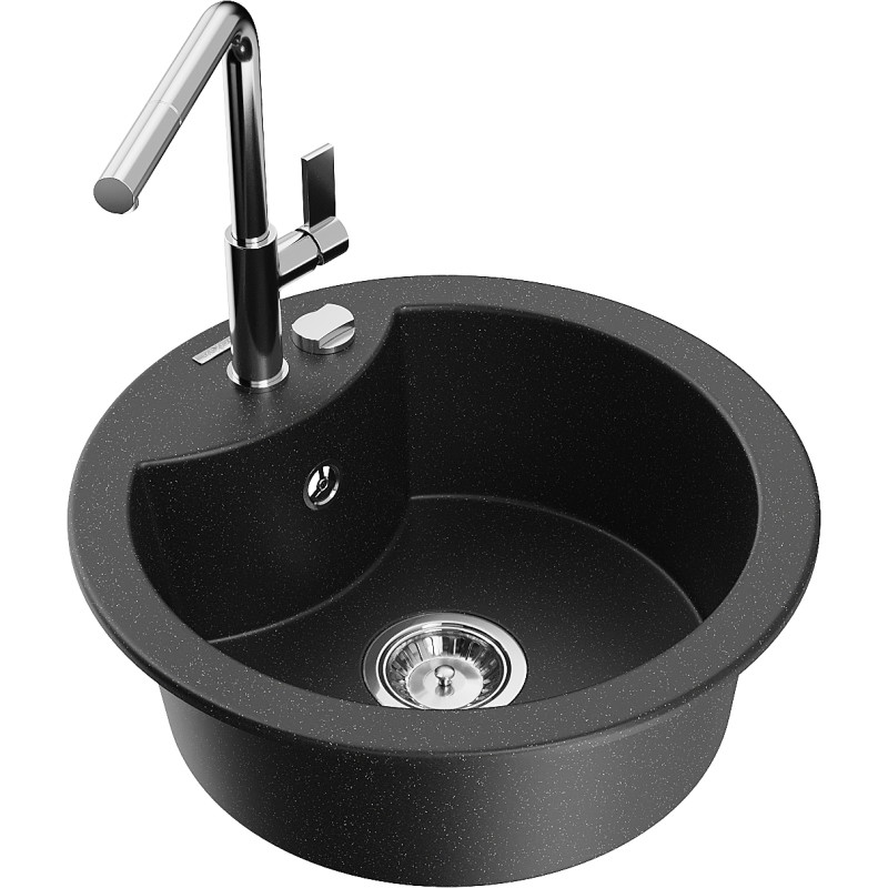 Mexen Diego granite single-bowl kitchen sink with Flora kitchen faucet, black/silver metallic - 6512-73-670401-00