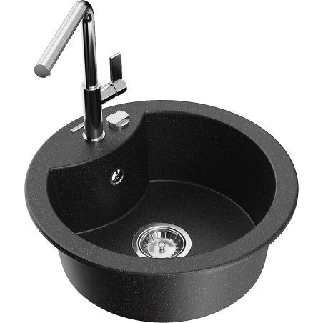 Mexen Diego 1-bowl granite sink with Flora kitchen tap, black/silver metallic - 6512-73-670401-00