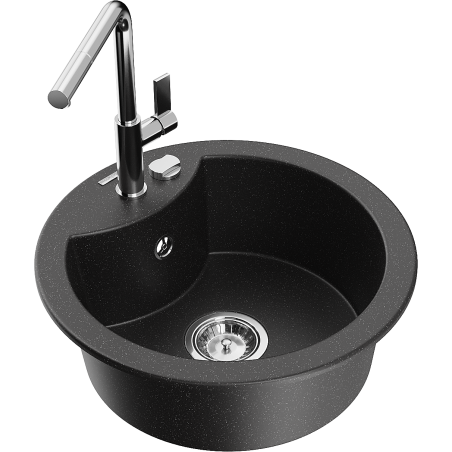 Mexen Diego 1-compartment granite sink with a kitchen mixer tap Flora, Black/Silver metallic - 6512-73-670401-00