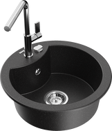 Mexen Diego 1-bowl granite sink with Flora kitchen tap, black/silver metallic - 6512-73-670401-00
