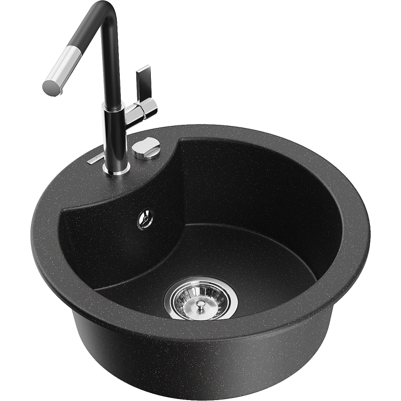 Mexen Diego 1-bowl granite sink with Flora kitchen tap, black/silver metallic - 6512-73-670401-07
