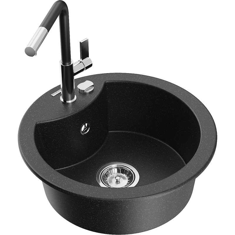 Mexen Diego 1-compartment granite sink with a kitchen mixer tap Flora, Black/Silver metallic - 6512-73-670401-07