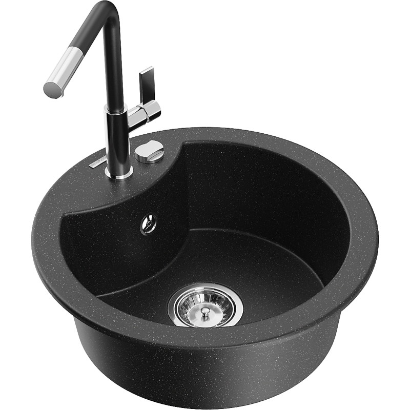 Mexen Diego granite kitchen sink 1-bowl with Flora kitchen faucet, black/silver metallic - 6512-73-670401-07