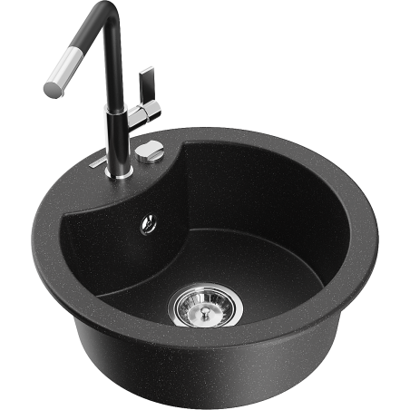 Mexen Diego 1-bowl granite sink with Flora kitchen tap, black/silver metallic - 6512-73-670401-07