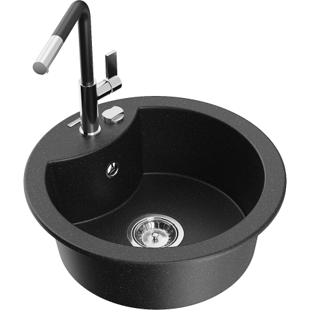 Mexen Diego granite kitchen sink 1-bowl with Flora kitchen faucet, black/silver metallic - 6512-73-670401-07