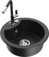 Mexen Diego granite sink single-bowl with Flora kitchen faucet, black/silver metallic - 6512-73-670401-07