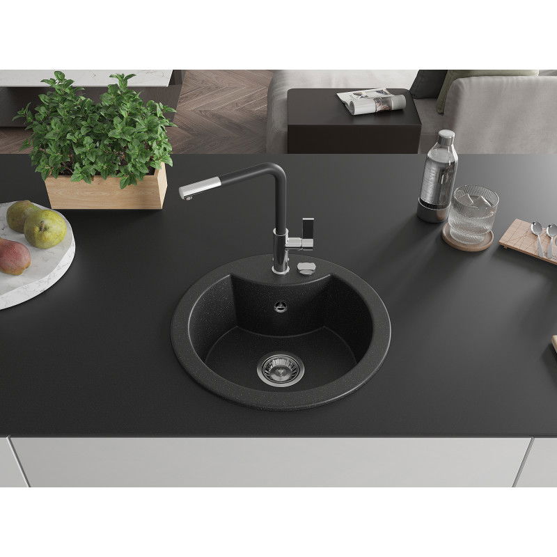 Mexen Diego 1-bowl granite sink with Flora kitchen tap, black/silver metallic - 6512-73-670401-07