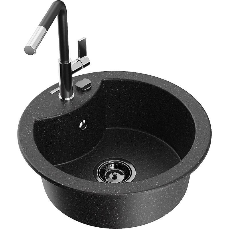 Mexen Diego 1-bowl Granite Sink with Flora Kitchen Tap, Black/Silver Metallic - 6512-73-670401-07-B