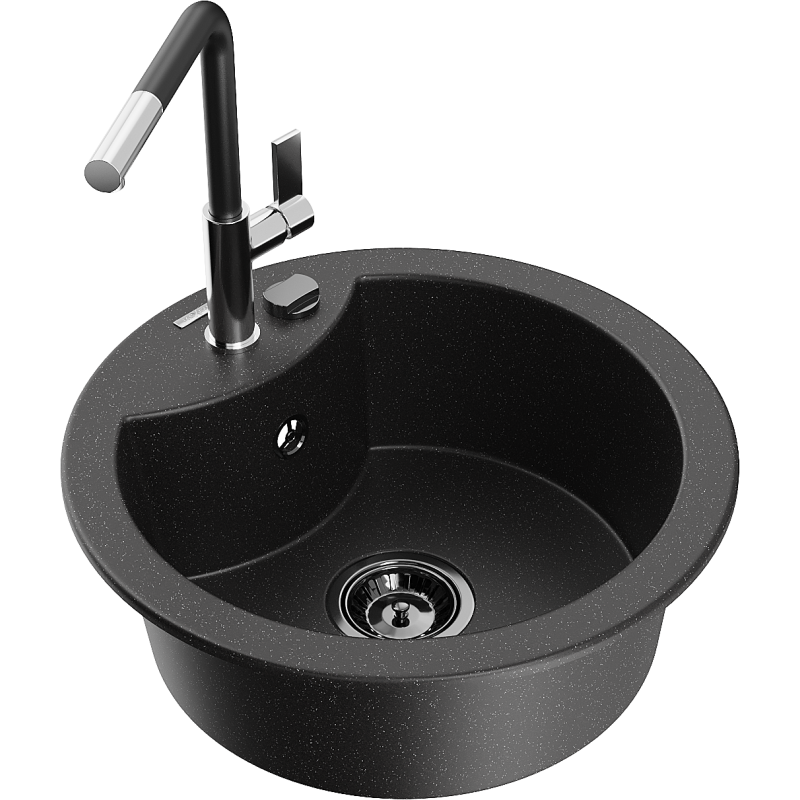 Mexen Diego 1-compartment granite sink with a kitchen mixer tap Flora, Black/Silver metallic - 6512-73-670401-07-B
