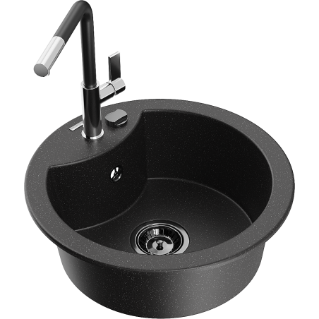 Mexen Diego granite kitchen sink 1-bowl with Flora kitchen faucet, black/silver metallic - 6512-73-670401-07-B