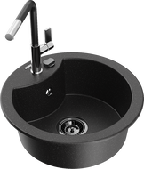 Mexen Diego 1-bowl granite sink with Flora kitchen faucet, black/silver metallic - 6512-73-670401-07-B