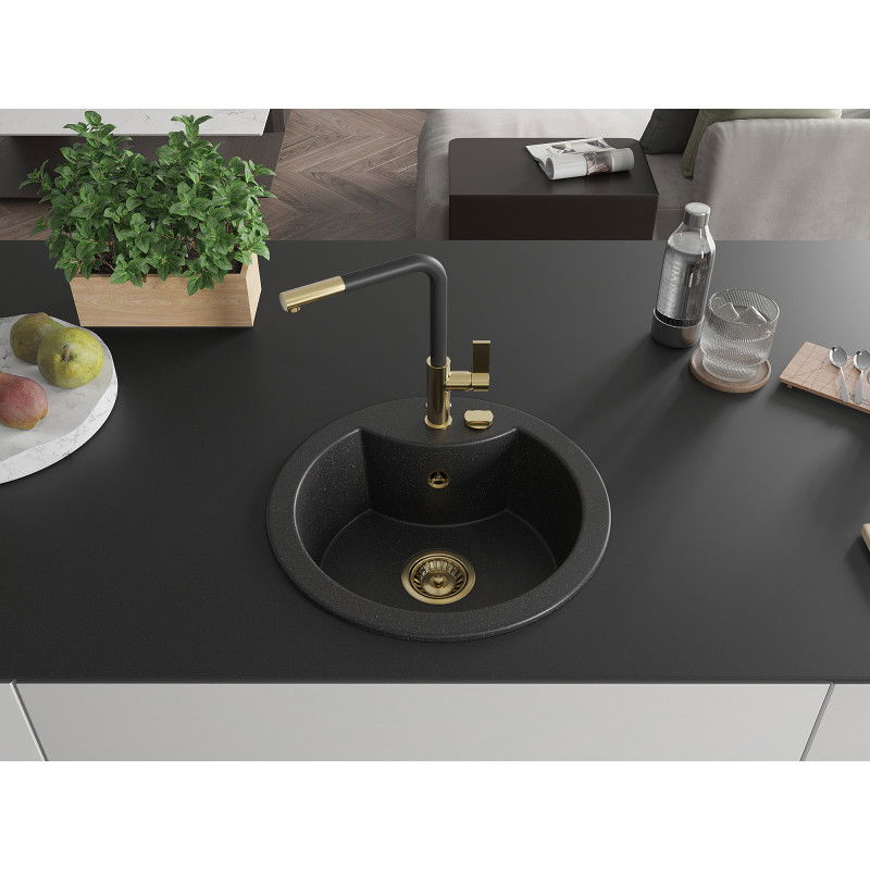 Mexen Diego 1-Bowl Granite Sink with Flora Kitchen Tap, Black/Silver Metallic - 6512-73-670401-57-G