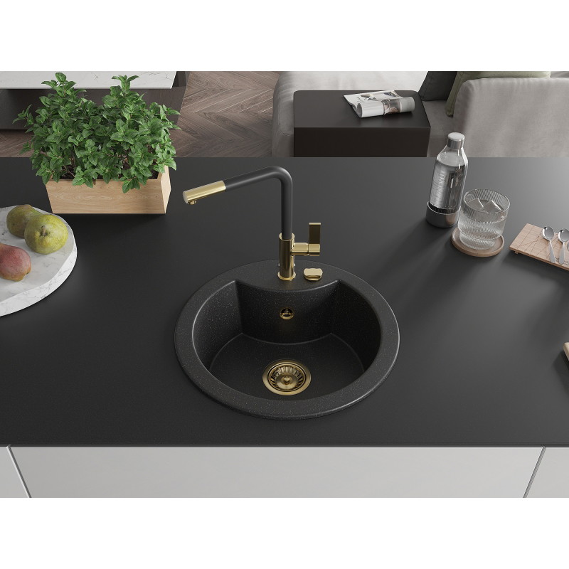 Mexen Diego granite kitchen sink 1-bowl with Flora kitchen faucet, black/silver metallic - 6512-73-670401-57-G