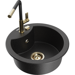 Mexen Diego 1-compartment granite sink with a kitchen mixer tap Flora, Black/Silver metallic - 6512-73-670401-57-G