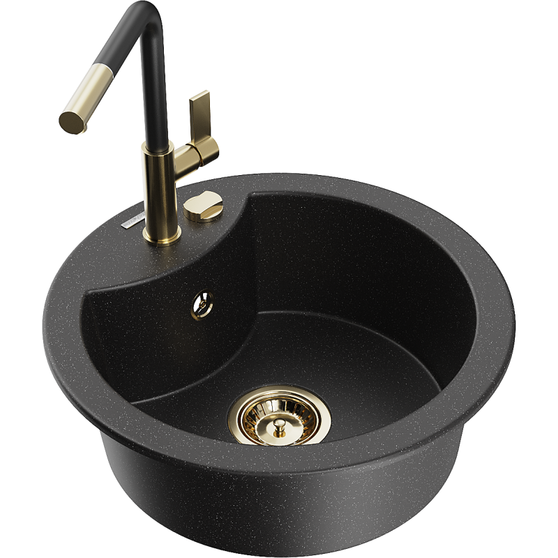 Mexen Diego 1-Bowl Granite Sink with Flora Kitchen Tap, Black/Silver Metallic - 6512-73-670401-57-G