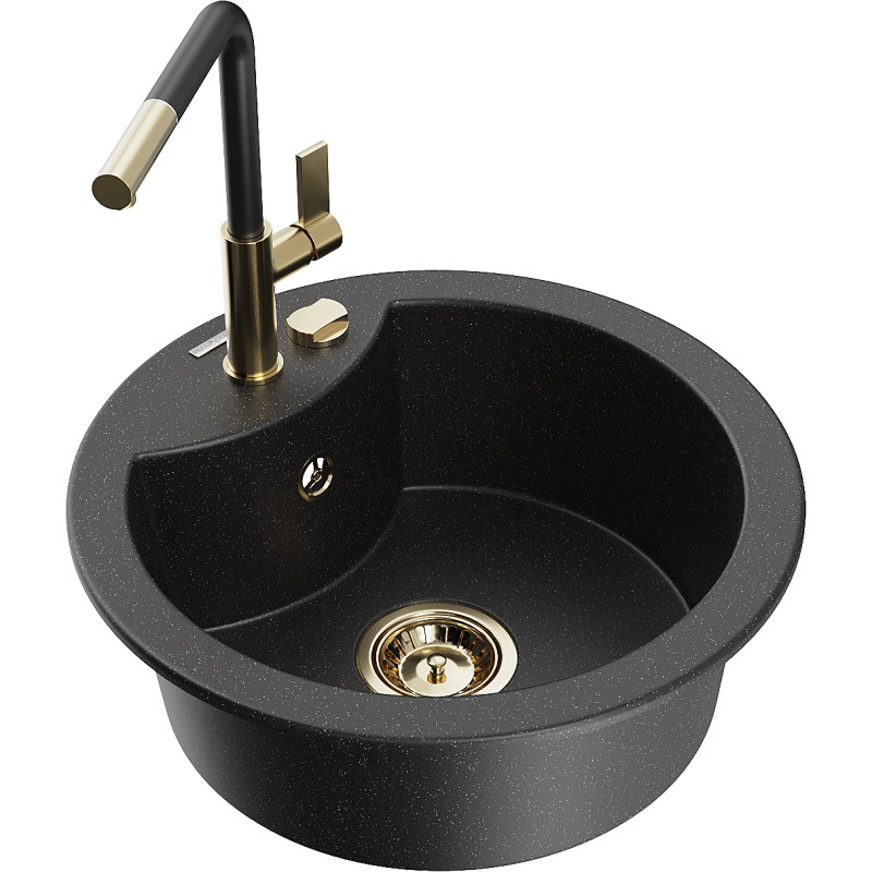 Mexen Diego granite sink 1-bowl with Flora kitchen faucet, black/silver metallic - 6512-73-670401-57-G