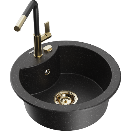 Mexen Diego granite kitchen sink 1-bowl with Flora kitchen faucet, black/silver metallic - 6512-73-670401-57-G