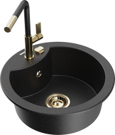 Mexen Diego 1-compartment granite sink with a kitchen mixer tap Flora, Black/Silver metallic - 6512-73-670401-57-G