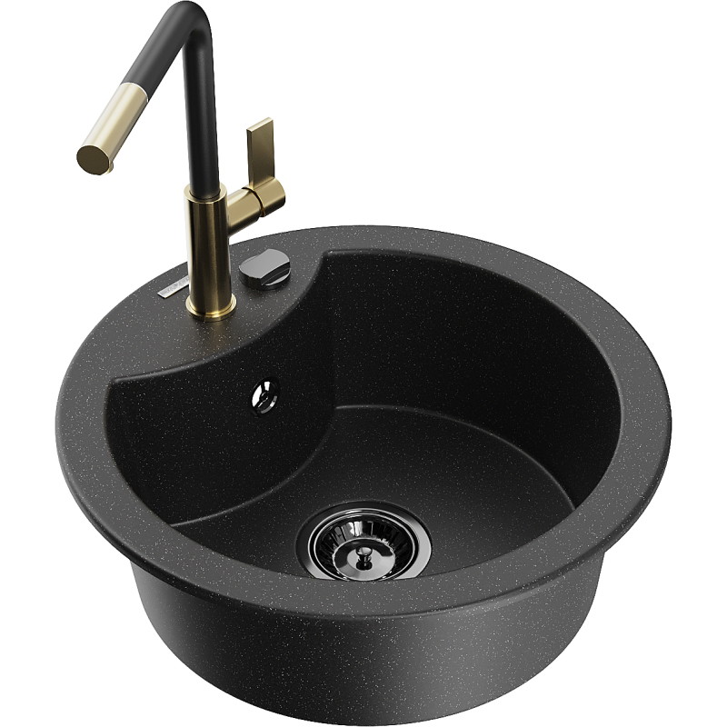 Mexen Diego 1-bowl granite sink with Flora kitchen faucet, black/silver metallic - 6512-73-670401-57-B