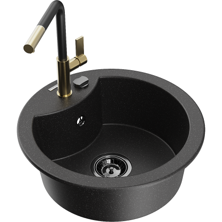 Mexen Diego 1-bowl granite kitchen sink with Flora kitchen tap, black/silver metallic - 6512-73-670401-57-B