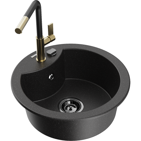 Mexen Diego 1-bowl granite sink with Flora kitchen faucet, black/silver metallic - 6512-73-670401-57-B