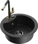 Mexen Diego 1-bowl granite sink with Flora kitchen faucet, black/silver metallic - 6512-73-670401-57-B