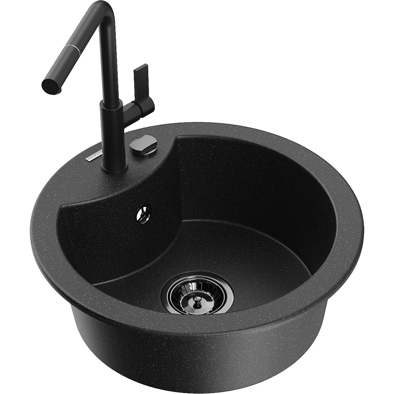 Mexen Diego 1-compartment granite sink with a kitchen mixer tap Flora, Black/Silver metallic - 6512-73-670401-70-B