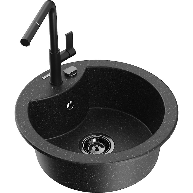 Mexen Diego granite kitchen sink 1-bowl with Flora kitchen faucet, black/silver metallic - 6512-73-670401-70-B