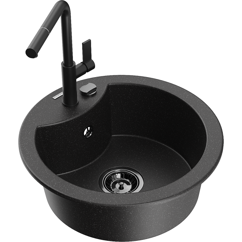 Mexen Diego single-bowl granite sink with Flora kitchen tap, black/silver metallic - 6512-73-670401-70-B