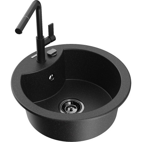 Mexen Diego granite kitchen sink 1-bowl with Flora kitchen faucet, black/silver metallic - 6512-73-670401-70-B