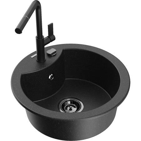 Mexen Diego single-bowl granite sink with kitchen faucet Flora, black/silver metallic - 6512-73-670401-70-B